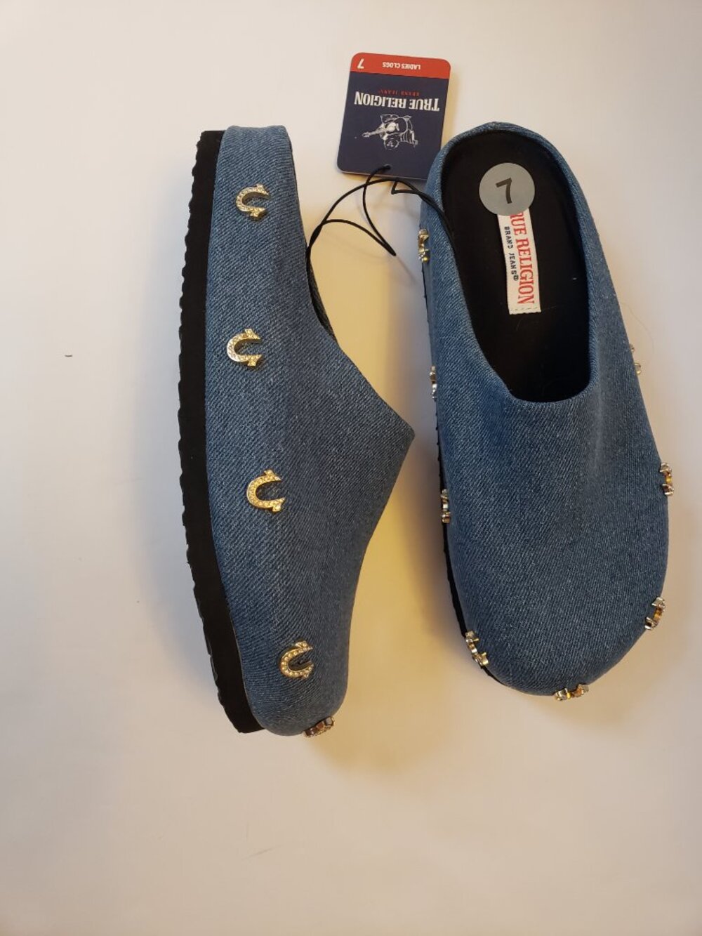 True Religion Riri Rhinestone Horseshoe Logo Blue Denim Clog Mules